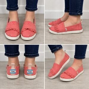 TOMS Coral Canvas Ruffle Slip On Shoes Youth 3 Casual Flats